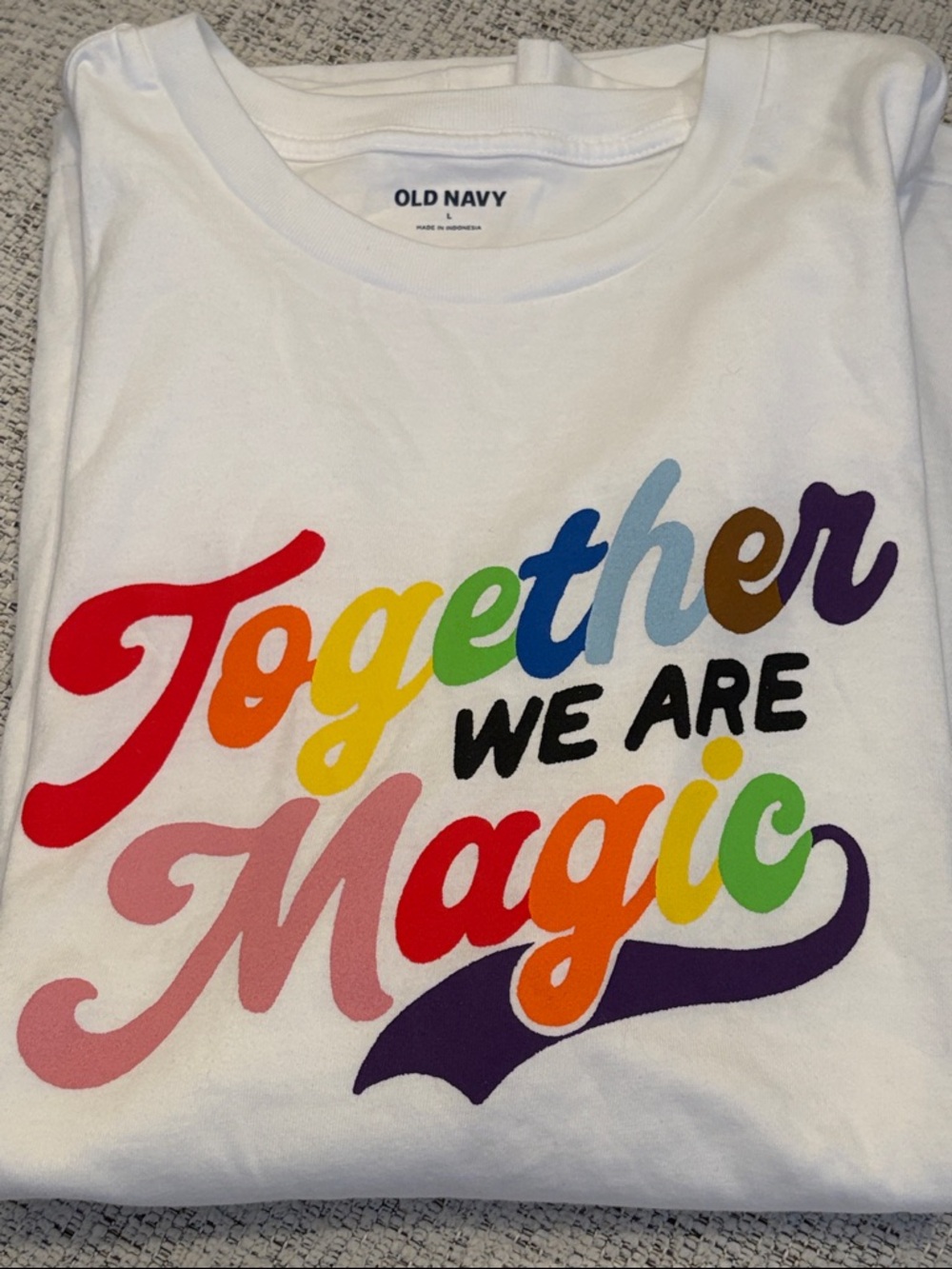 Old Navy Together We Are Magic Graphic T-Shirt White Rainbow Size L Unisex NWOT